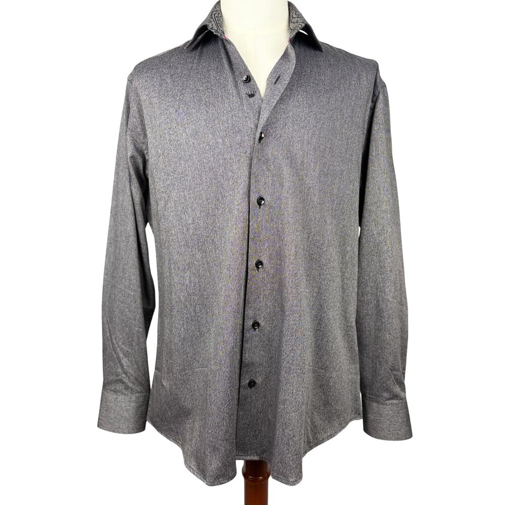 Bertigo Gray Textured Button Down Shirt Large Paisley Trim Cotton - Picture 1 of 6